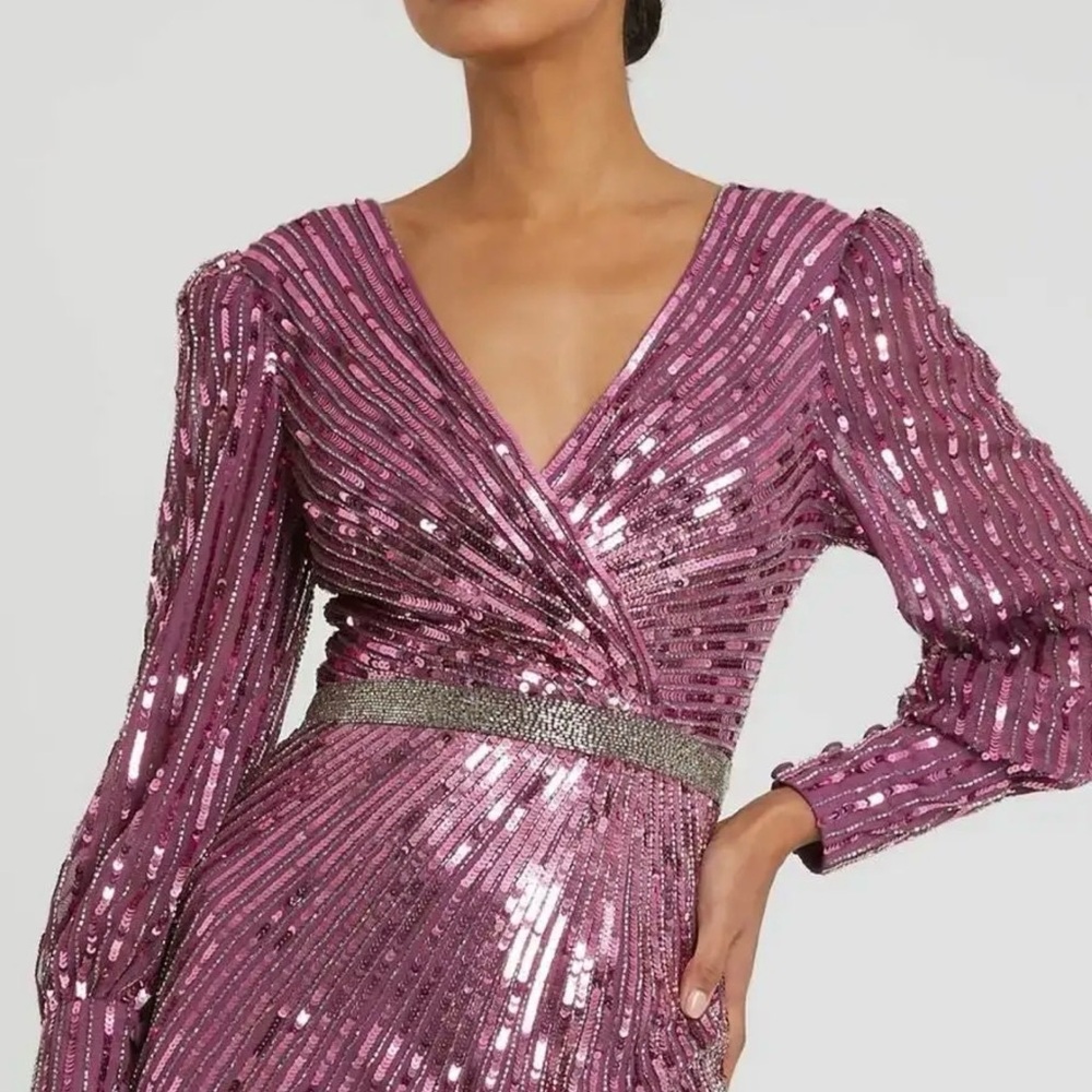 Mac Duggal Sequenced Wrap Over Bishop Sleeve Goen
